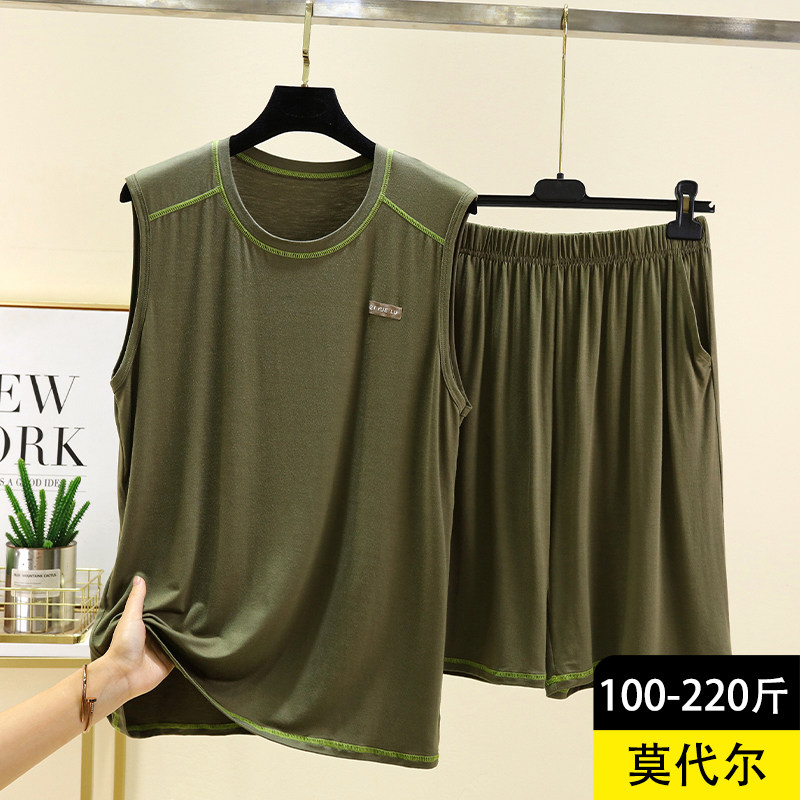 莫代尔男士背心短裤套装夏季薄款圆领无袖家居服休闲大码无袖睡衣