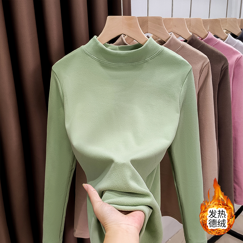 德绒加厚长袖T恤女冬季内穿纯色保暖打底衫大码加绒宽松显瘦上衣