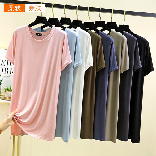 莫代尔圆领短袖长T女夏季