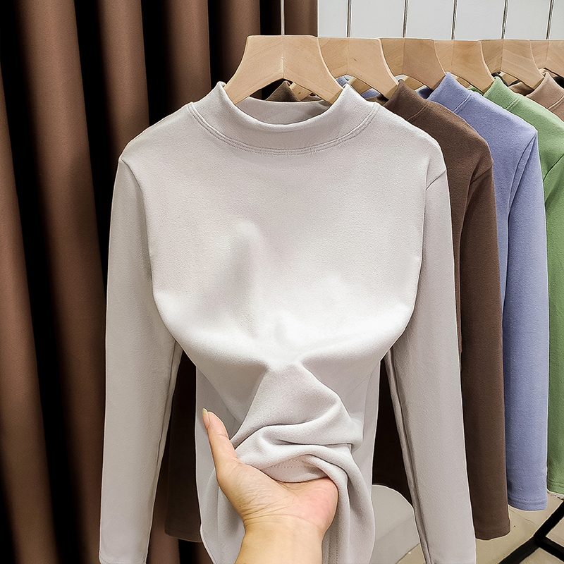 德绒半高领打底衫女冬时尚百搭长袖加绒上衣休闲大码显瘦加厚T恤