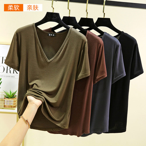 莫代尔V领短袖T恤女夏季