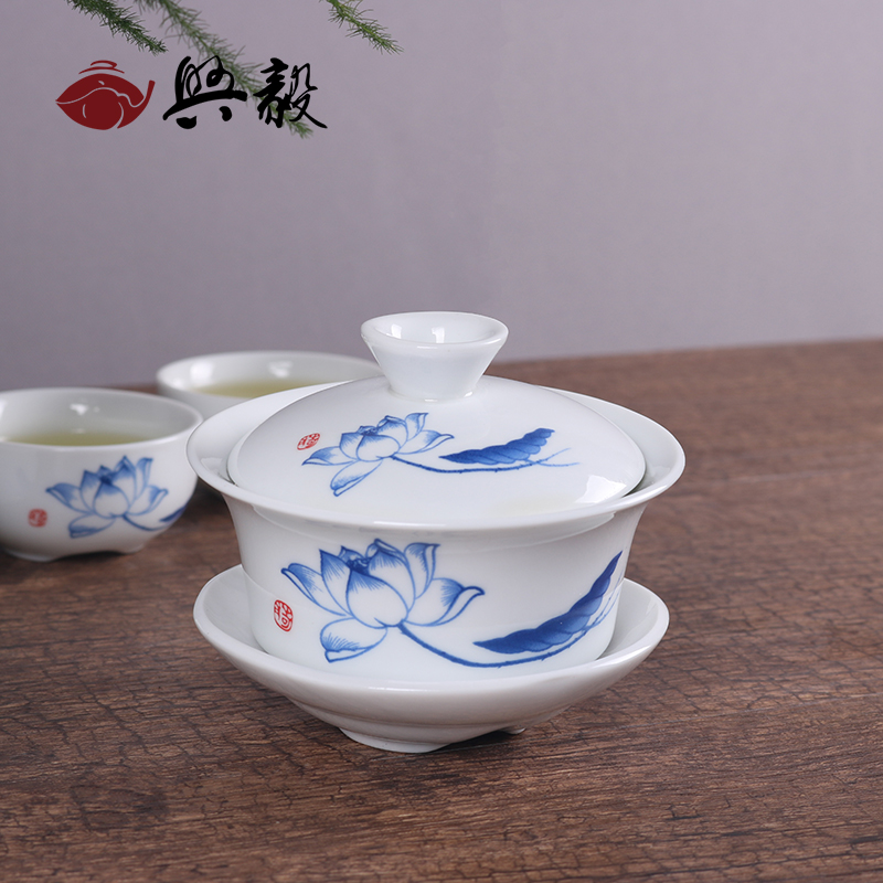 盖碗茶杯功夫茶具白瓷青花简约