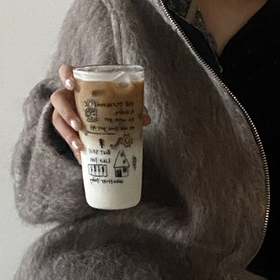 自制ins 简约线条涂鸦高硼硅玻璃杯 耐高温清透咖啡杯 大容量水杯