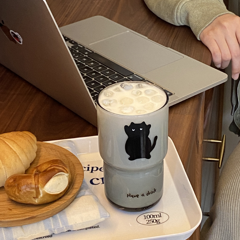 小众自制黑色猫咪钢化玻璃杯 韩ins耐高温水杯礼物 可叠放冷饮杯