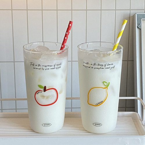 夏季水果柠檬玻璃杯 轻薄耐热大容量水杯果汁杯 苹果咖啡杯400ml