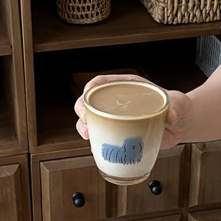 韩ins 松弛感长毛小狗咖啡杯 创意伴手礼玻璃水杯 可爱简约早餐杯