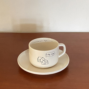 ins复古简约陶瓷咖啡杯 涂鸦庄园马克杯咖啡杯套装小众拿铁早餐杯