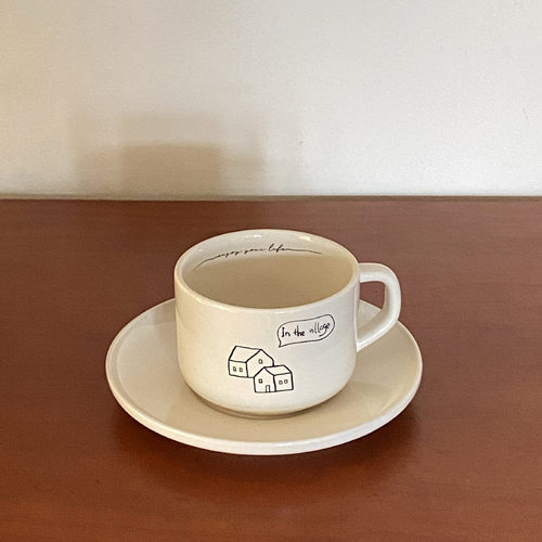 ins复古简约陶瓷咖啡杯 涂鸦庄园马克杯咖啡杯套装小众拿铁早餐杯