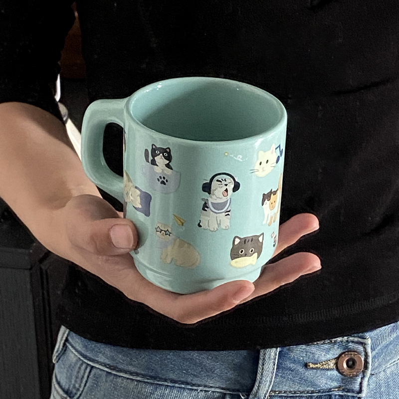 小众创意ins薄荷脑袋小猫陶瓷马克杯创意卡通动物咖啡杯水杯340ml