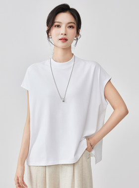 春夏新款宽松大版小飞袖半高领T恤女时尚百搭休闲棉质短袖上衣薄