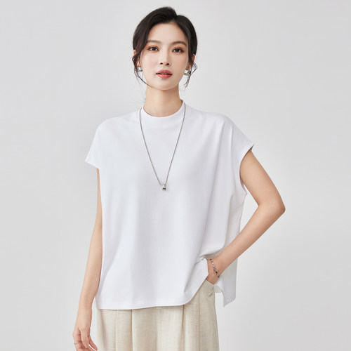 春夏新款宽松大版小飞袖半高领T恤女时尚百搭休闲棉质短袖上衣薄