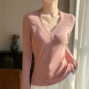 新款 针织衫 上衣V领磨毛修身 女显瘦长袖 高级感T恤 打底衫 2026春季