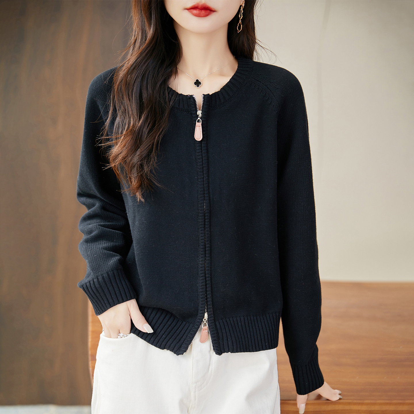 春秋冬100%纯棉圆领拉链针织开衫女显瘦百搭毛衣外套漂亮妈妈上衣