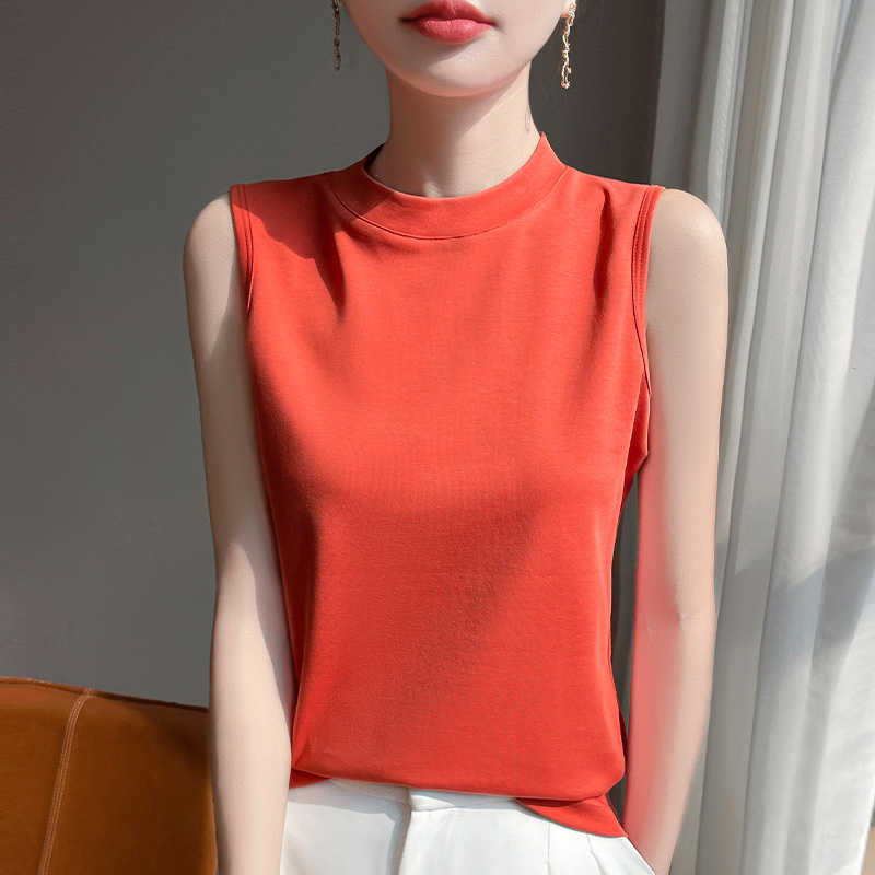 春夏100%纯棉半高领无袖T恤女纯色柔软小内搭外穿吊带背心打底衫
