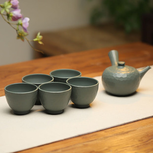 日本常滑烧急须茶壶套装 已故名家水野静仙绿泥锤纹侧把壶茶杯茶具