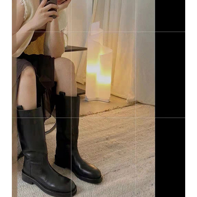 复古方头不过膝长靴女套筒一脚蹬真皮粗跟高筒靴秋冬新款骑士靴子