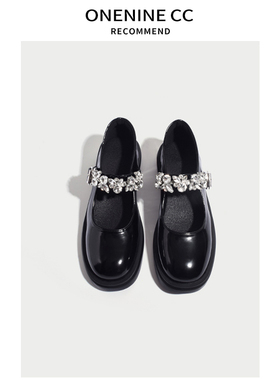 ONENINE 复古法式玛丽珍凉鞋女水钻圆头厚底jk平底小皮鞋单鞋女夏