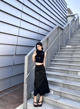 现货4AMOR PROJECT工装裙开叉设计感黑色口袋时髦辣妹A型半身裙