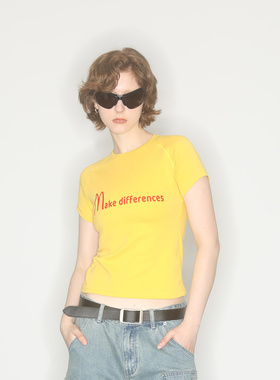 AXYPAGES黄色make differences印花T恤夏季显瘦甜酷美式上衣短袖