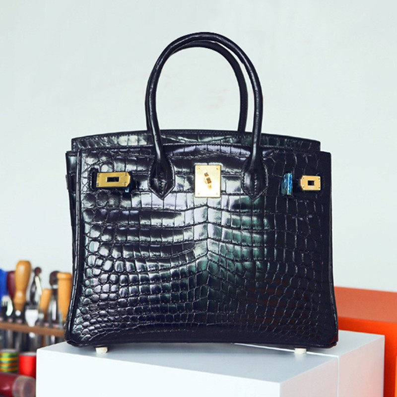 新款灰色鳄鱼纹铂金包真皮女包时尚头层牛皮手提单肩大包包斜挎包