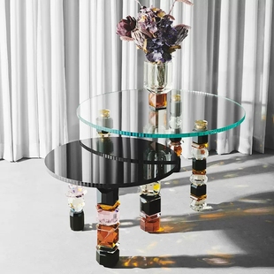 丹麦reflections欧式 轻奢彩色水晶玻璃茶几圆形咖啡桌沙发边几