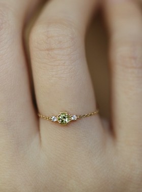 【小绿钻】仿橄榄色钻石镶嵌链条戒指女日系小众设计感