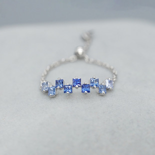 高仿天然公主方蓝石戒指帕正方18k金链条软戒蓝色渐变可调节大小