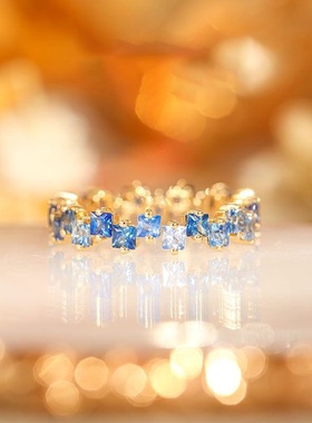 柔蓝戒指女ins高档感彩虹系列镀18K金镶嵌彩色防蓝宝石女轻奢