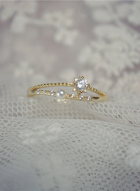 珍珠锆石轻奢戒指开口日系网红精致简约时尚简约珠宝经典潮指环
