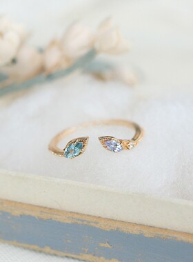 蓝羽流光 高仿天然水晶蓝托帕/坦桑石树叶开口轻奢高级感百搭戒指