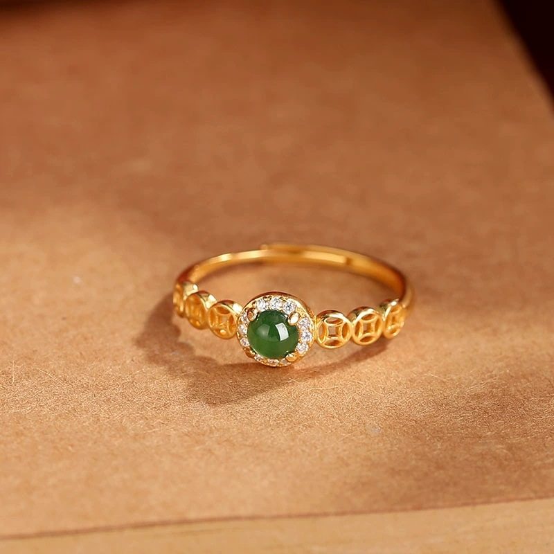 『财源滚滚』高仿天然翡翠戒指轻奢铜币蛋面百搭食指戒女神节礼物