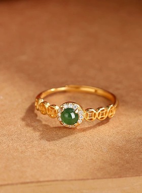 『财源滚滚』高仿天然翡翠戒指轻奢铜币蛋面百搭食指戒女神节礼物