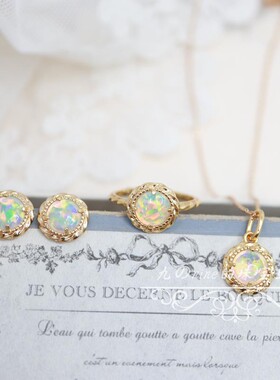 花火流光。日系复古圆形小太阳合成高仿炫彩欧泊戒指耳环项链套装