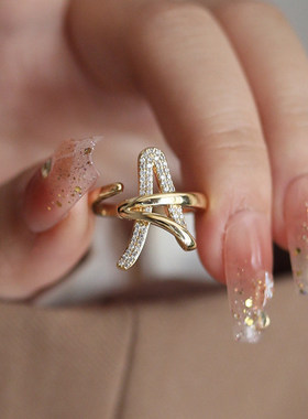 跨境热销镶钻轻奢小众设计几何交叉缠绕女款戒指气质冷淡风手指环