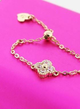 蓝莓甜心韩国14K黄金色轻奢戒指 满锆闪耀小花百搭软链可调节戒指