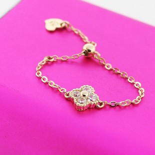 蓝莓甜心韩国14K黄金色轻奢戒指 满锆闪耀小花百搭软链可调节戒指