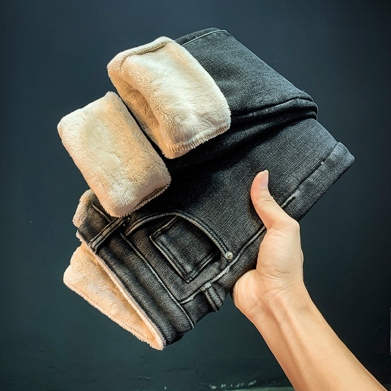 烟灰色加绒加厚牛仔裤女秋冬2025新款外穿高腰弹力紧身小脚铅笔裤