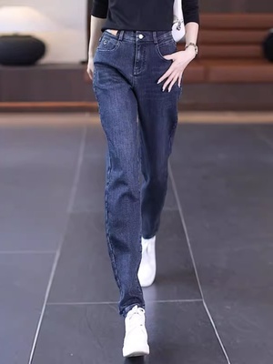 高腰牛仔哈伦裤女秋冬季2025年新款韩版裤子小脚裤加厚直筒老爹裤