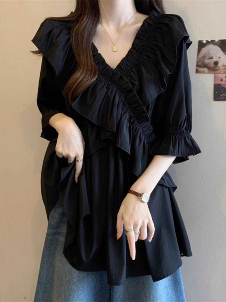 中长褶边v领短袖衬衫在夏天的妇女胖女孩加上尺寸覆盖腹部的黑色