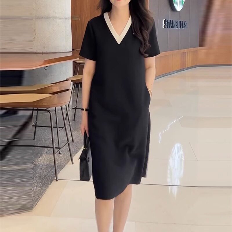 大码简约宽松V领体T恤裙子女2025年夏季新款设计感女士气质连衣裙