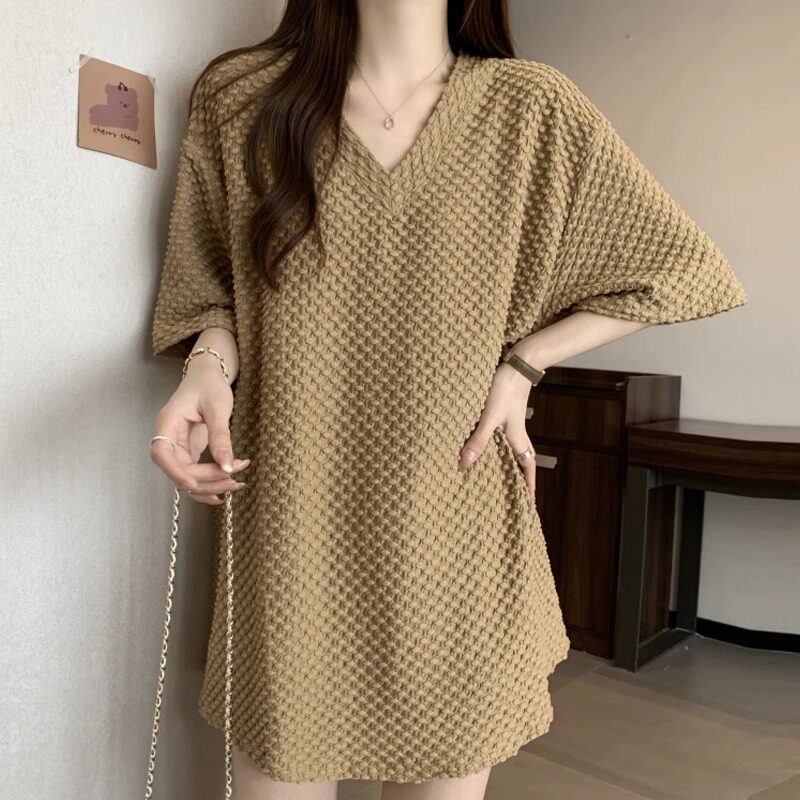 2025夏季新款中长款正肩短袖T恤大码女装宽松显瘦遮肚半袖V领上衣