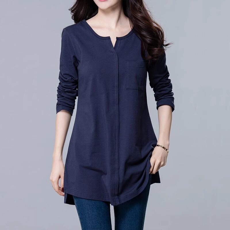 长袖t恤女装韩版纯棉中长款打底衫宽松显瘦大码春秋季遮屁股上衣