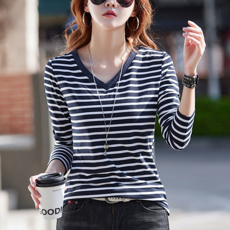 2026春季新款纯棉V领条纹长袖t恤女宽松大码休闲百搭上衣体恤小衫