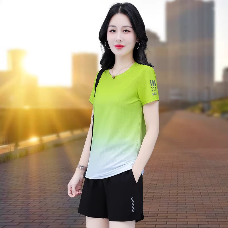 速干运动服套装女夏季2026年新款休闲冰丝透气短袖短裤跑步两件套