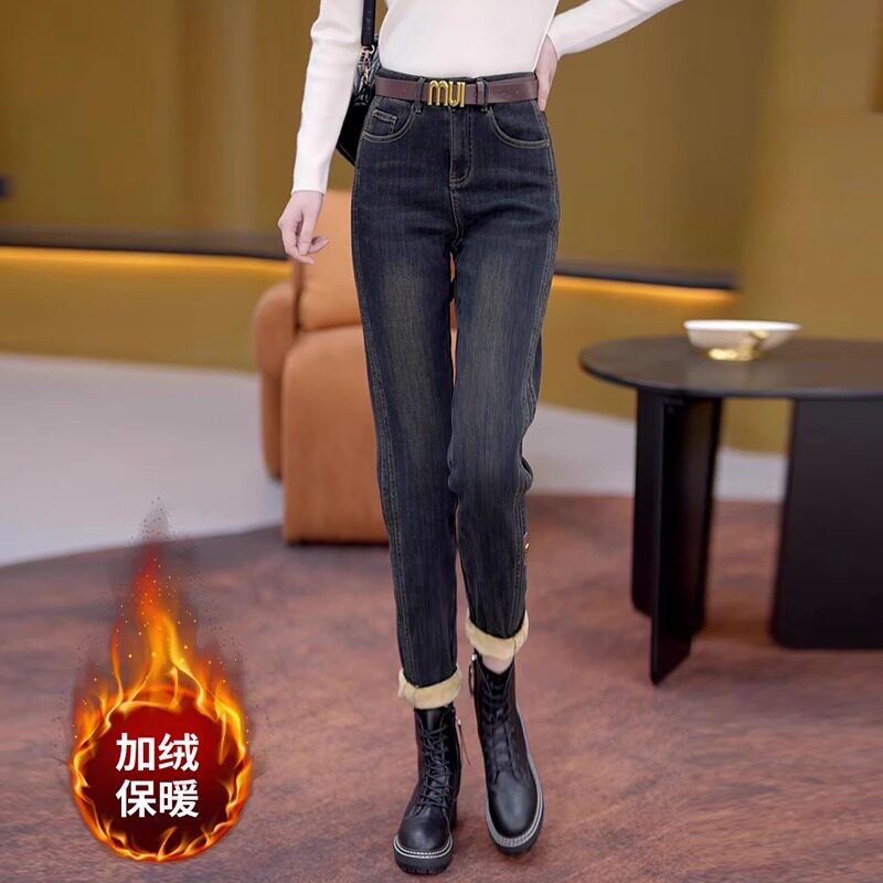 高腰显瘦加绒牛仔裤女秋冬季2025新款直筒烟管裤子铅笔哈伦烟管裤