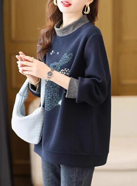 大码高领绣花卫衣女欧版2025年春秋新款宽松显瘦百搭洋气减龄外套