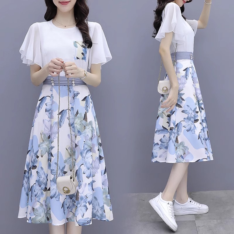 雪纺碎花连衣裙套装女夏季2025年新款韩版爆款胖mm遮肚显瘦小裙子