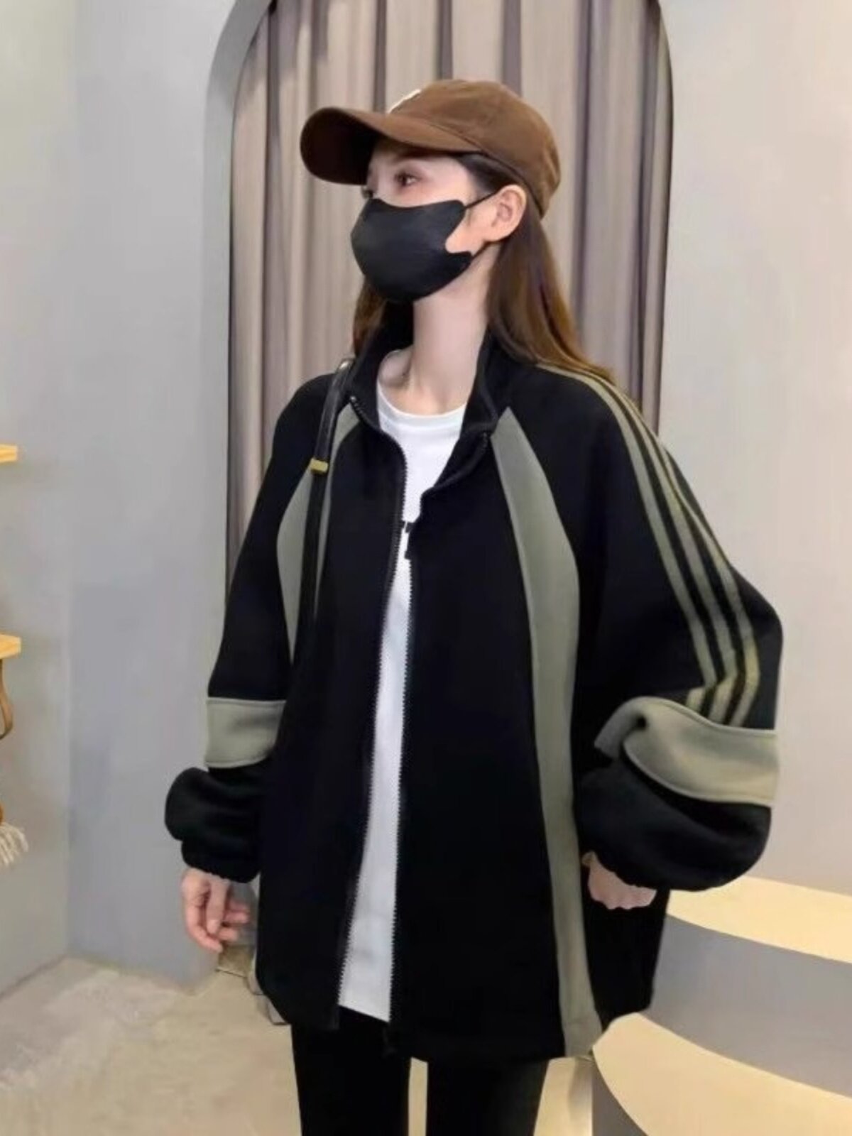 美式条纹宽松棒球服外套女2025春秋新款潮流慵懒风小个子拉炼卫衣