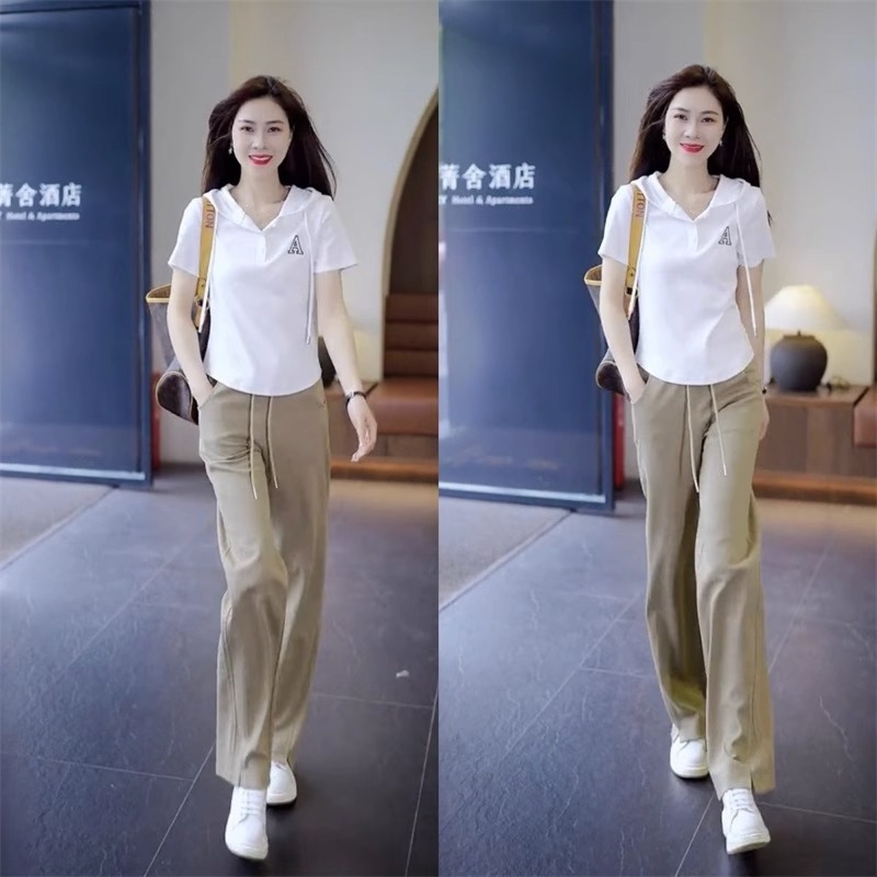 休闲运动服套装女夏季2025新款短袖连帽T恤阔腿裤显瘦减龄两件套