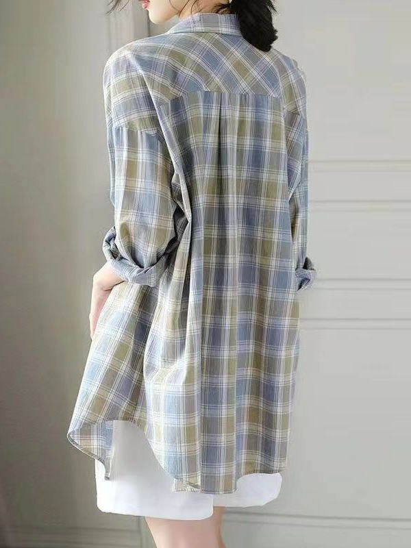 2025新款春夏防晒衣女韩版纯棉格子衬衫女长袖开衫中长款休闲衬衣